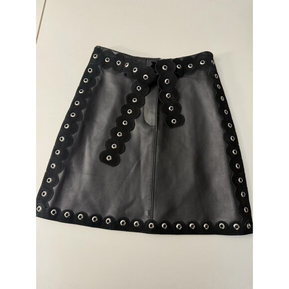 Maje Jarisco Jupe Coir Black Leather Mini Skirt  Rommet Suede Accent Trim Sz 34 - Picture 1 of 7
